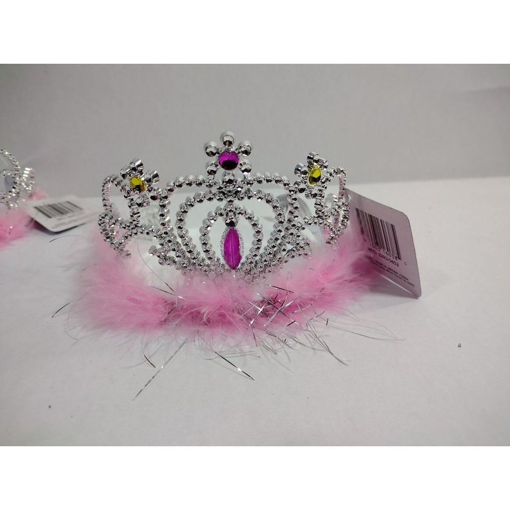 12 Princess Tiaras Girls Birthday Pack Pink White Fuzzy Boas with combs - Picture 2 of 6